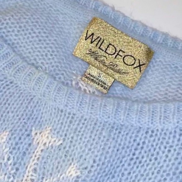 WILDFOX Wool Blend Pastel Blue Distressed White Snowflake Sweater - Picture 11 of 13